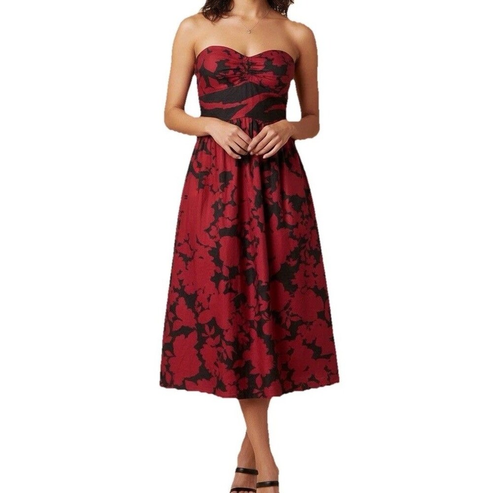 Tibi Floral Silk Strapless Dress Size 2 Inside Elastic Strap Lined Red Black - Picture 5 of 9